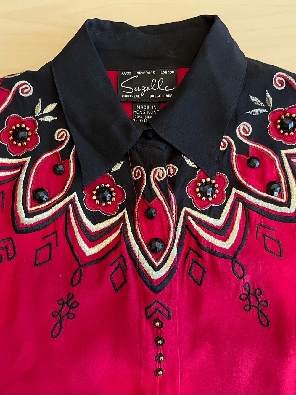 Red Embroidered Collared Button-Up Top - Picture 3 of 12